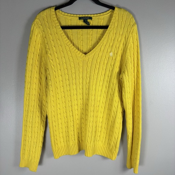 Lauren Ralph‎ Lauren Women's Large Yellow V Neck Cable Knit Pullover Sweater - Picture 1 of 4